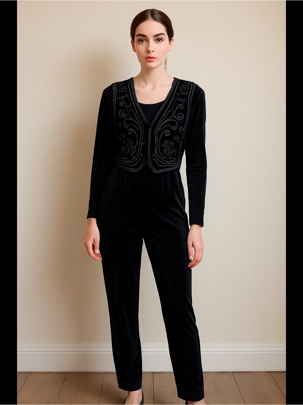 VTGNina Piccalino Black Velvet Long-Sleeve Jumpsuit Velvet Embroidered Vest 8